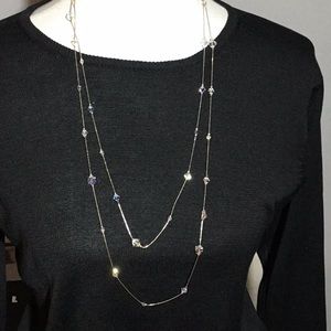 Necklace, sterling silver & sparkling crystal beads on very long chain, can loop